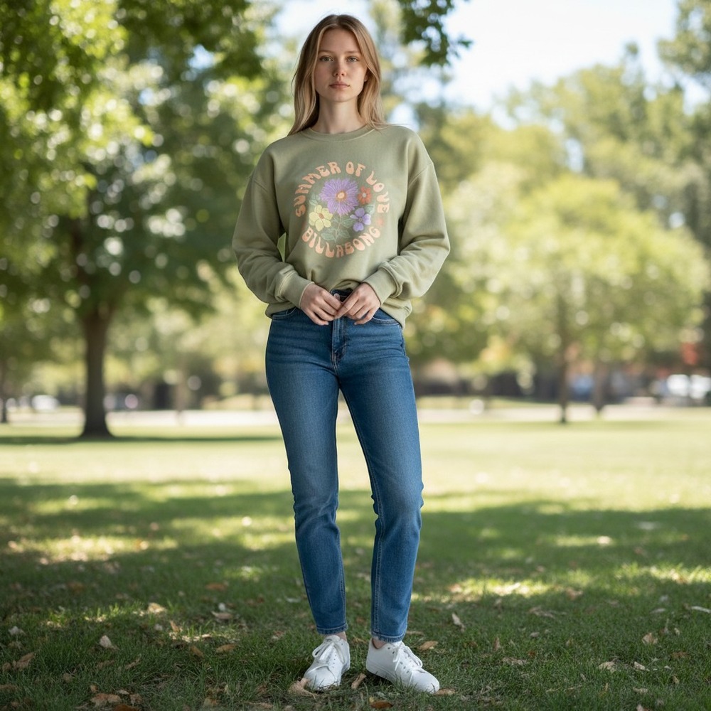 Billabong Lovers Forever Summer of Love Sweatshirt Green Floral BJSF00412 S